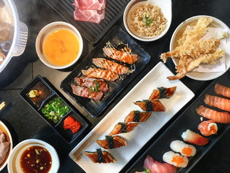 Top view set of japanese food sushi shabu and tempuraの写真素材