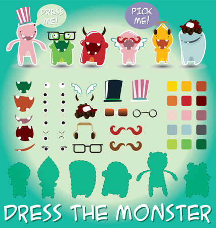 Set of cute little monsters for dress up, vector illustrationのイラスト素材