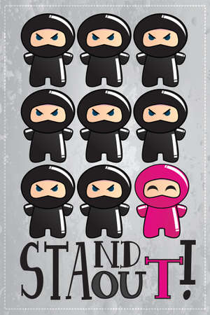 Card with cute cartoon ninja characters with a message to be unique and stand out from the crowd, vectorのイラスト素材