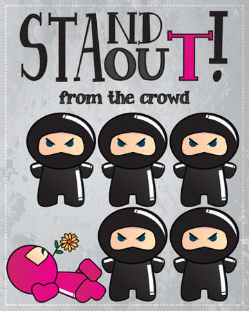 Card with cute cartoon ninja characters with a message to be unique and stand out from the crowd, vectorのイラスト素材