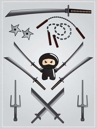 Collection of ninja weapon with cute ninja character holding katana, vectorのイラスト素材
