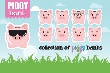 Collection of piggy banks with different face expressions and attitudesのイラスト素材