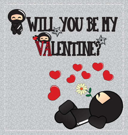 Valentine's day card with cute cartoon ninja character lying on the ground with a flower in his mouth, vectorのイラスト素材