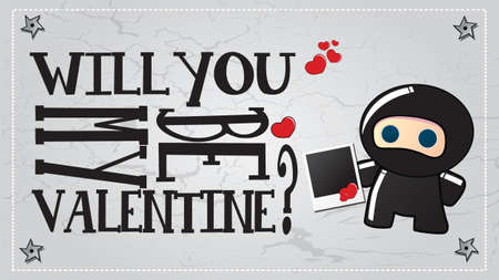 Valentine's day card with cute ninja character holding an instant photo with a heart, vectorのイラスト素材