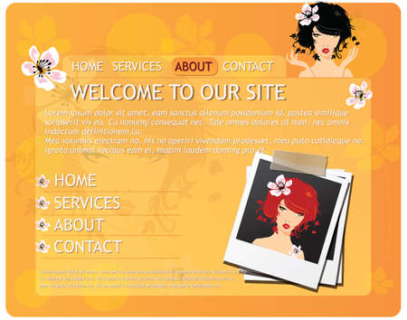 Beauty website template with beautiful girl and flowers, orange, vectorのイラスト素材