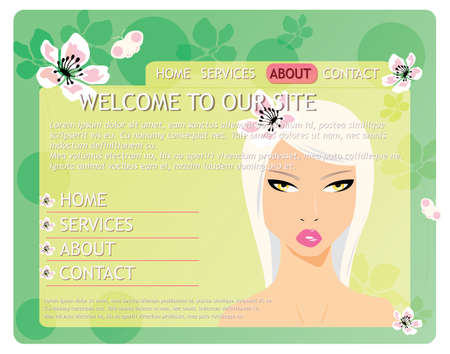 Beauty website template with beautiful girl and flowers, green, vectorのイラスト素材