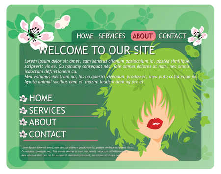 Beauty website template with beautiful girl and flowers, green, vectorのイラスト素材
