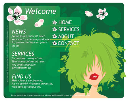 Beauty website template elements with beautiful girl and flowers, green, vectorのイラスト素材