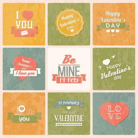 Collection of Valentine s day vintage labels, typographic design elements, ribbons, icons, stamps, badges, illustrationのイラスト素材