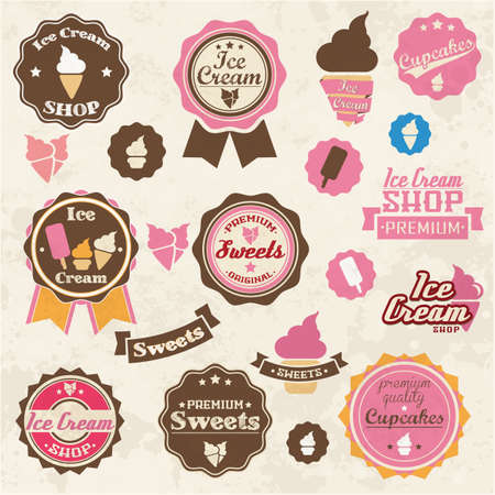 Collection of vintage retro ice cream and cupcake labels, stickers, badges and ribbons, vector illustrationのイラスト素材