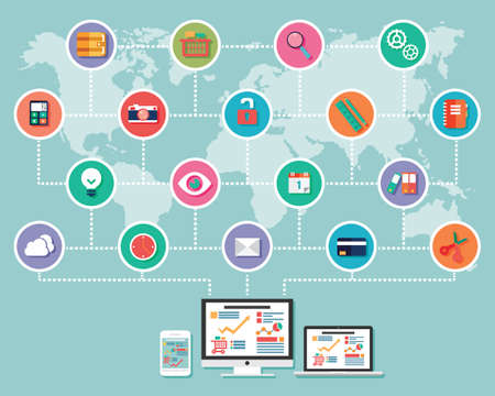 Flat design of infographic concept, connected electronic and mobile devices, cloud computing, communication illustrationのイラスト素材