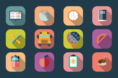 Collection of school items icons, flat design, long shadow, vector illustrationのイラスト素材