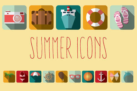 Summer vacation flat icons with long shadow, design elements, vector illustrationのイラスト素材