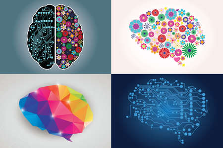 Collections of four different human brains, left and right side, creativity and logic, illustrationのイラスト素材