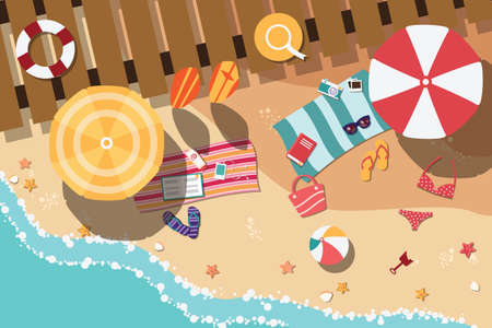 Summer beach in flat design, sea side and beach items, illustrationのイラスト素材