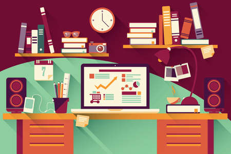 Home office desk - flat design, long shadow, work desk, computer and stationeryのイラスト素材