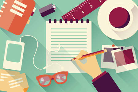 Writing into notebook background with coffee, photos, glasses and flash drive, vectorのイラスト素材