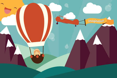 Imagination concept - girl in air balloon, airplane with imagination banner flyingのイラスト素材