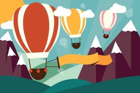 Hot air balloons flying over mountains with bannerのイラスト素材