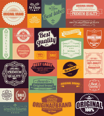 Collection of vintage retro labels, badges, stamps, ribbons, marks and typographic design elements, vector illustrationのイラスト素材