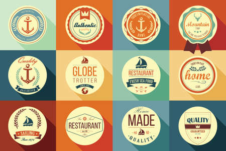 Collection of vintage retro labels, badges, stamps, ribbons, marks and typographic design elements, vector illustrationのイラスト素材