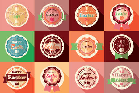 Collection of vintage retro Easter labels, stickers, badges and ribbons, vector illustrationのイラスト素材
