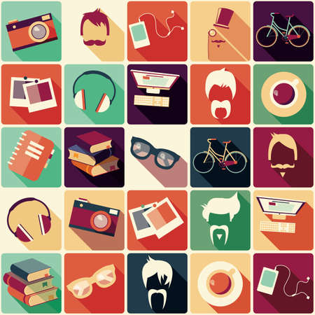 Collection of retro hipster elements, hairstyles and items, vector illustrationのイラスト素材