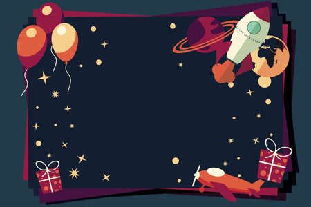 Background with balloons, presents, rocket ship and planets, vector illustrationのイラスト素材