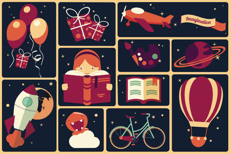 Background with imagination items and a girl reading a book, balloons, rocket ship, space, planets, vector illustrationのイラスト素材