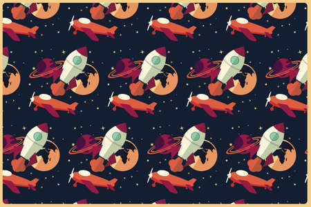 Rocket, planet and airplane in space, seamless pattern, vector illustrationのイラスト素材
