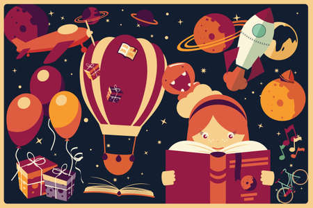Background with imagination items and a girl reading a book, balloons, rocket ship, space, planets illustrationのイラスト素材