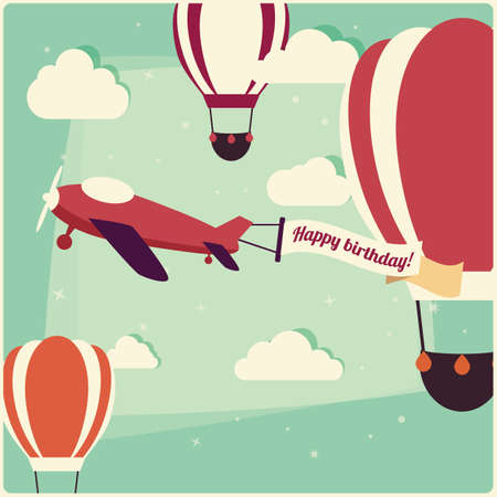 Birthday background hot air balloons and an airplane, vector illustrationのイラスト素材