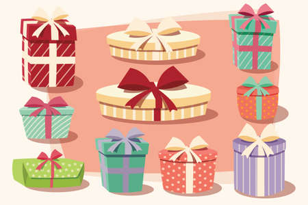 Collection of colorful gift boxes with bows and ribbons in different shapes, vector illustrationのイラスト素材