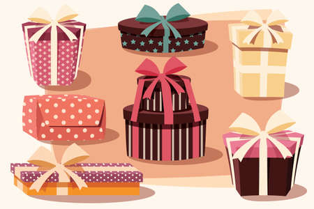 Collection of colorful gift boxes with bows and ribbons in different shapes, vector illustrationのイラスト素材