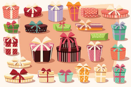 Collection of colorful gift boxes with bows and ribbons in different shapes, vector illustrationのイラスト素材