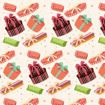 Background with colorful gift boxes with bows and ribbons in different shapes, seamless pattern, vector illustrationのイラスト素材