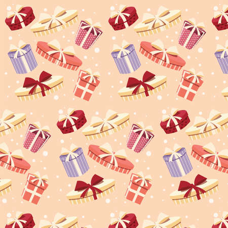 Background with colorful gift boxes with bows and ribbons in different shapes, seamless pattern, vector illustrationのイラスト素材