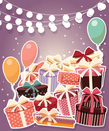 Birthday background with sticker presents and balloons, vector illustrationのイラスト素材