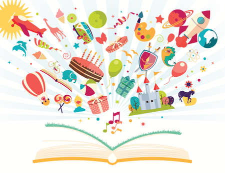 Imagination concept - open book with air balloon, rocket, airplane flying out, vector illustration