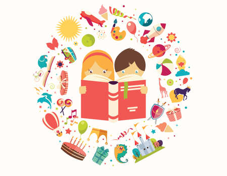 Imagination concept, boy and girl reading a book objects flying out, vector illustration