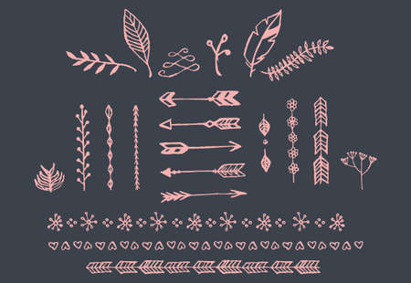 Hand drawn vintage arrows, feathers, dividers and floral elements, vector illustrationのイラスト素材