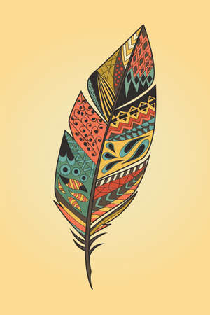 Vintage tribal ethnic hand drawn colorful feather, vector illustrationのイラスト素材