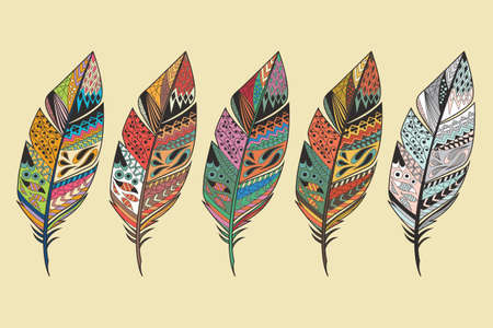 Collection of vintage tribal ethnic hand drawn colorful feathers, vector illustration