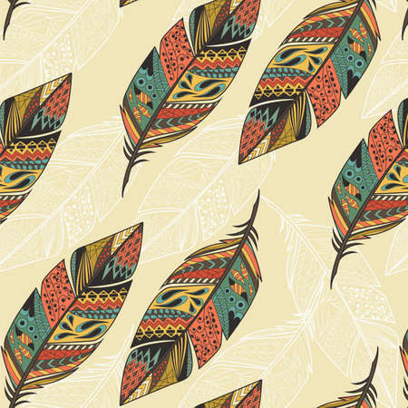 Seamless pattern with vintage tribal ethnic hand drawn colorful feathers, vector illustrationのイラスト素材