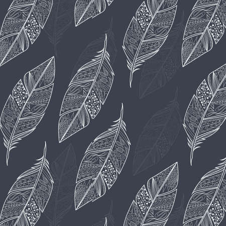 Seamless pattern with vintage tribal ethnic hand drawn colorful feathers, vector illustrationのイラスト素材