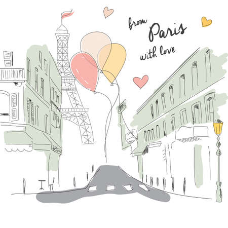 Postcard from Paris street, Eiffel tower and balloons, hand drawn, vector illustrationのイラスト素材