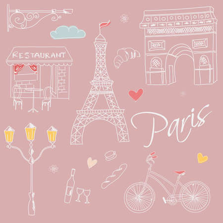 Paris symbols, postcard, hand drawn, vector illustrationのイラスト素材