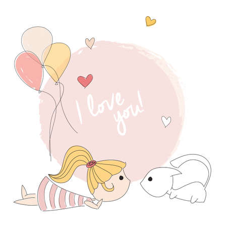 Little girl playing with a kitten, I love you message, vector illustrationのイラスト素材