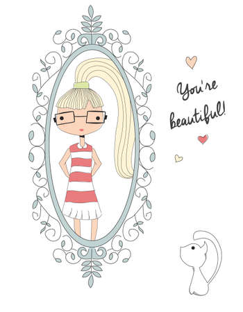 Young girl looking at the mirror with a catのイラスト素材