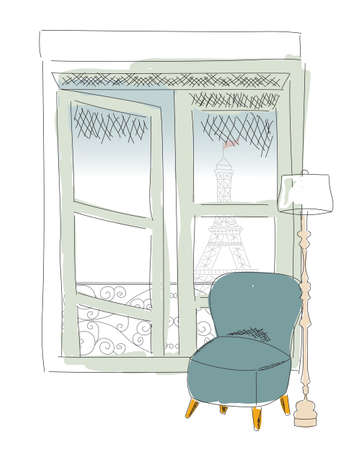 Window view from Paris window, Eiffel tower, hand drawn, vector illustrationのイラスト素材